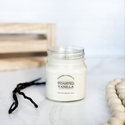 mason jar candle, soy candle, toasted vanilla, vanilla candle, scented candle, farmhouse candles