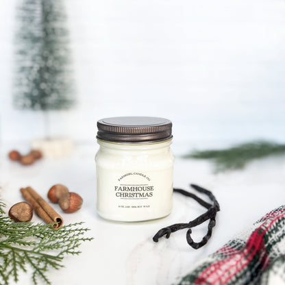 mason jar candle with pine, spice, vanilla, soy candle, christmas candle, farmhouse candle, farmhouse christmas