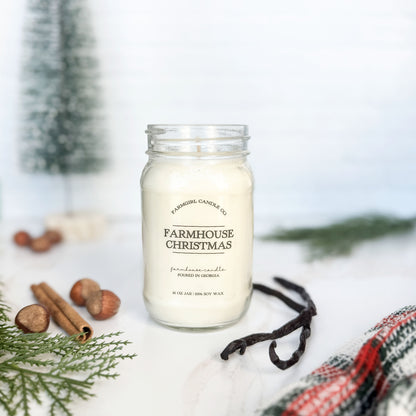 mason jar candle labeled 'Farmhouse Christmas' with pine, vanilla, spice, soy candle, farmhouse candle