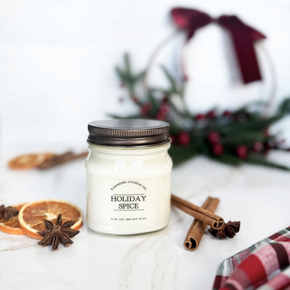 mason jar candle of 'Holiday Spice' with cinnamon sticks and oranges slices, soy candle, farmhouse candle
