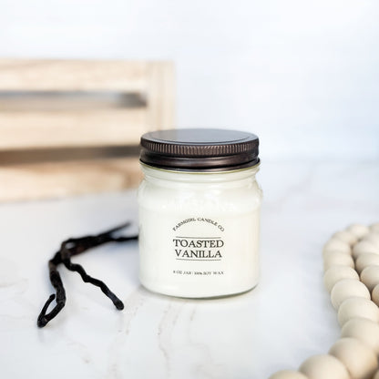 mason jar candle, soy candle, toasted vanilla, vanilla candle, scented candle, farmhouse candles