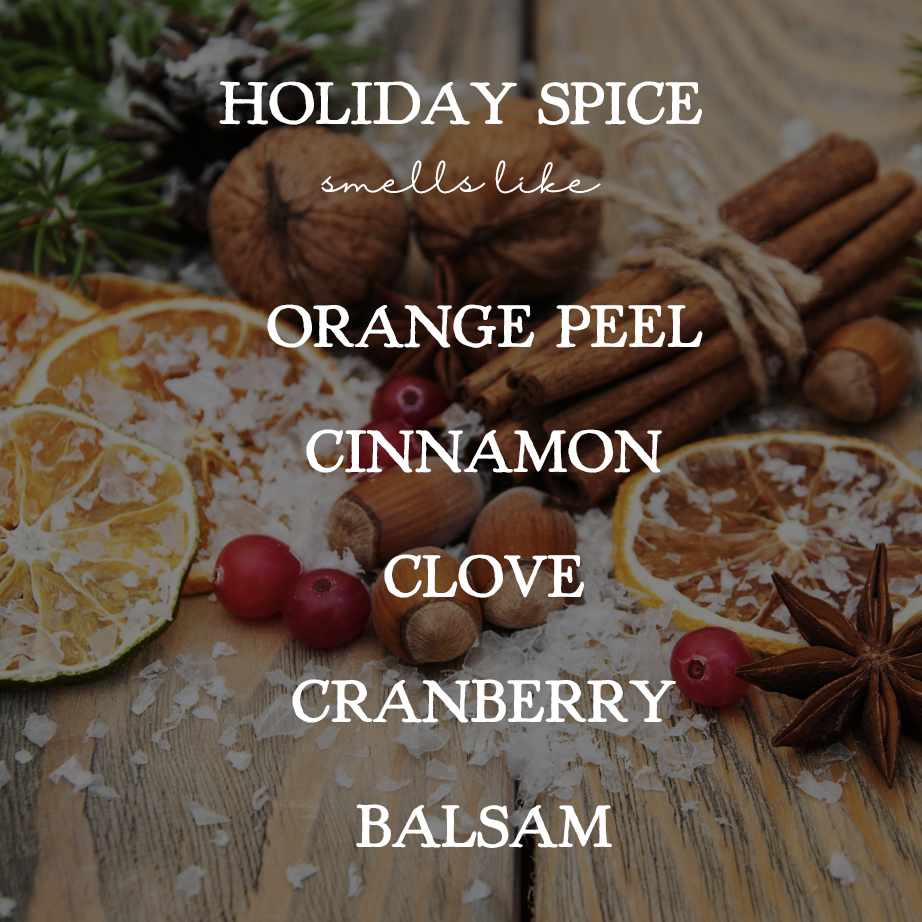 Spices and fruits with text listing holiday spices on a wooden surface